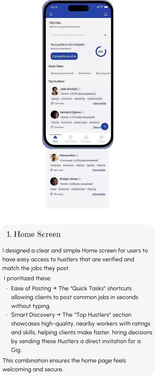 Client home screen showing Top Hustlers and Quick Tasks shortcuts, with design description